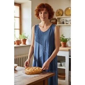 Inizio Made in Italy Linen Indigo Blue Patchwork Sleeveless Lagenlook Dress M